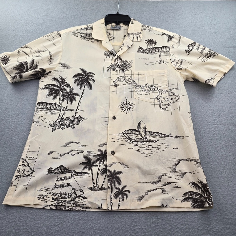 Royal Creations Hawaiian Shirt Men's Medium Beige Palm Tree Print Short Sleeve